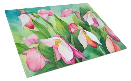 Minnesota Pink and White Lady s Slippers in Watercolor Glass Cutting Board Decorative Tempered Glass Kitchen Cutting and Serving Board Large Size